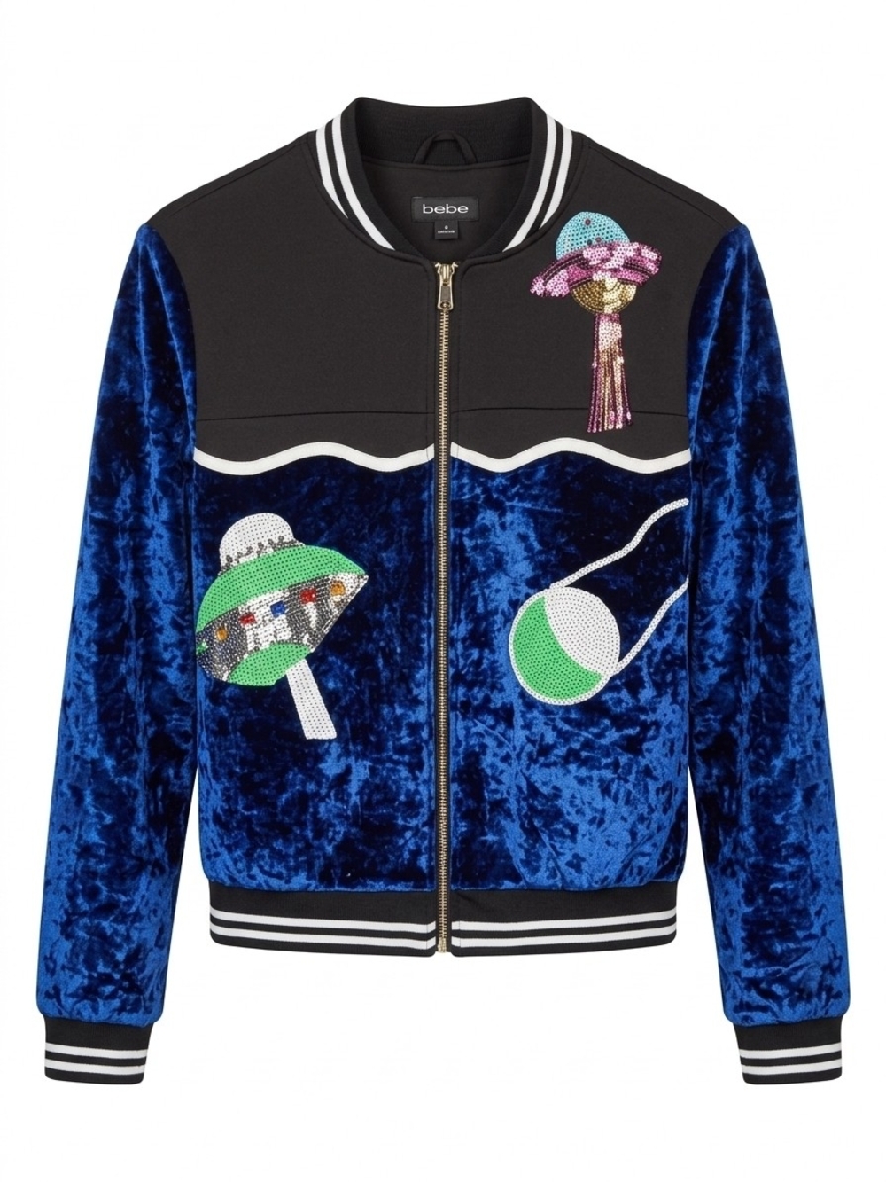 bebe Blue Velvet Space/UFO Sequin Bomber Jacket (limited-edition)